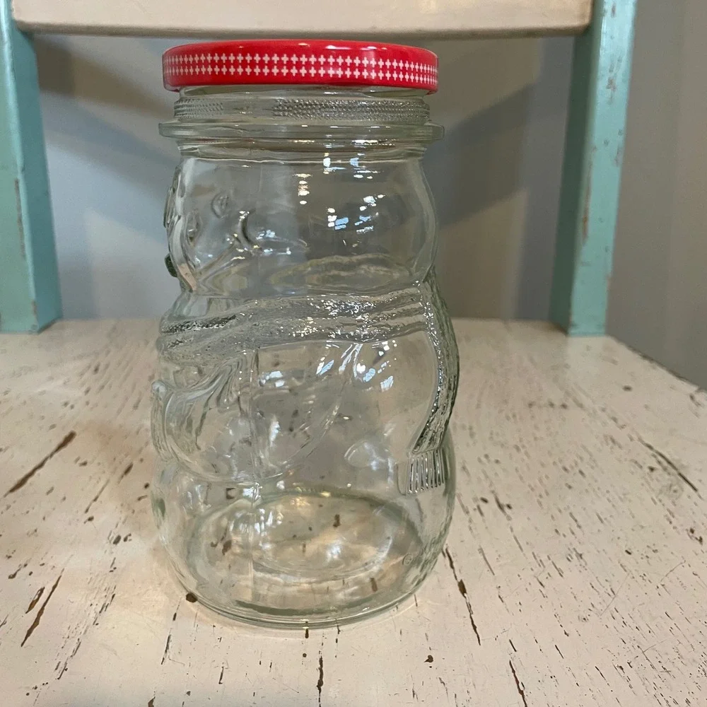 Vintage 1992 Kraft Strawberry Jam Snowman Glass Jar Red Lid 28oz Collectible